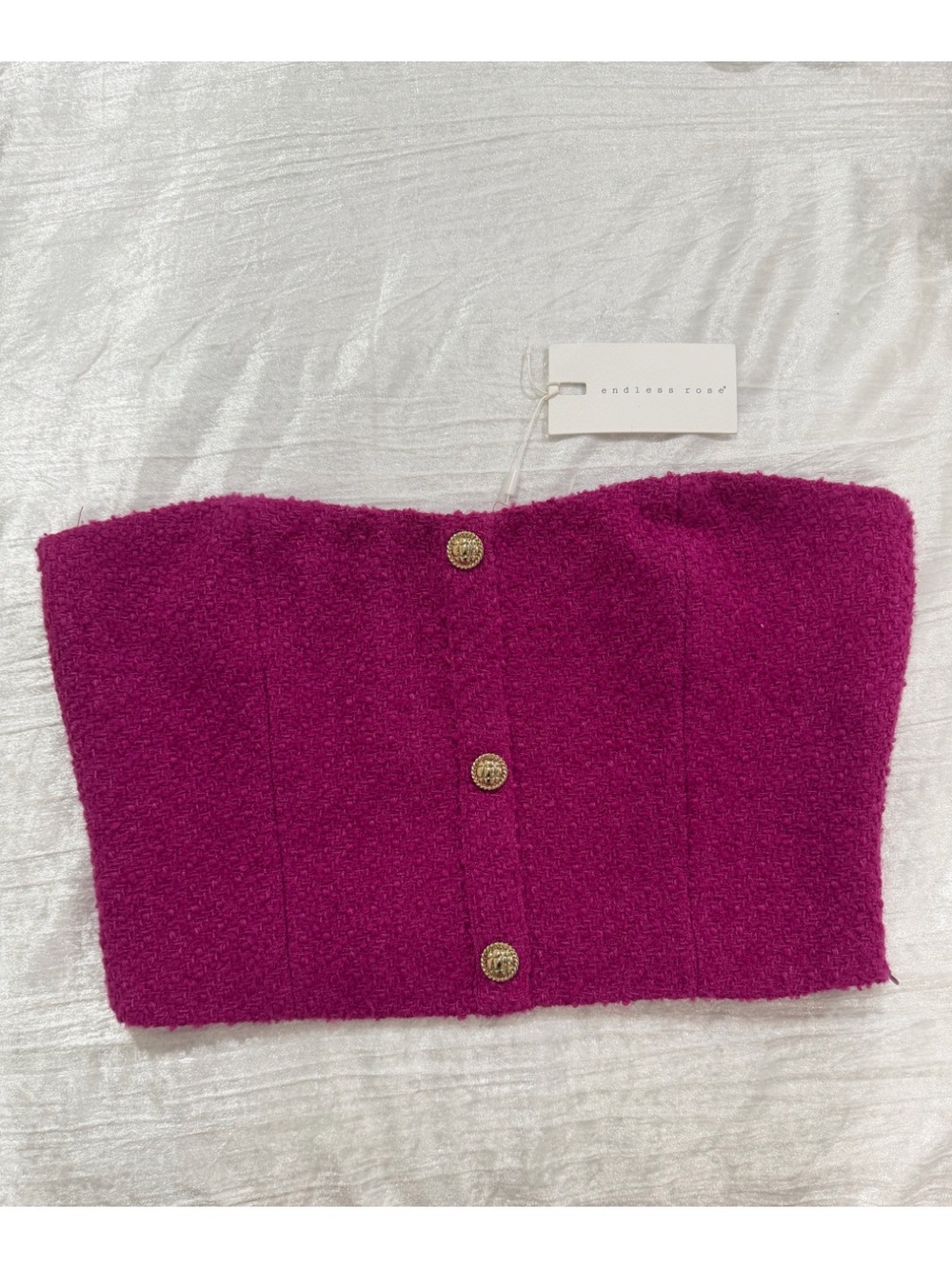 Endless Rose Magenta Bouclé Strapless Tube Top with Button Detail